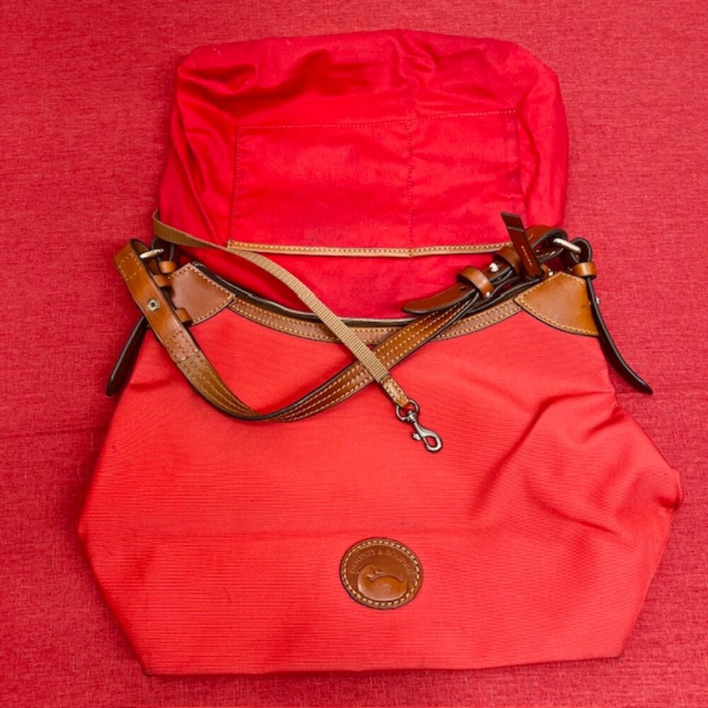 Red Dooney & Bourke ShoulderBag Boho Canvas Brown trim Leather 14"x8"x10" (43 - Picture 8 of 15